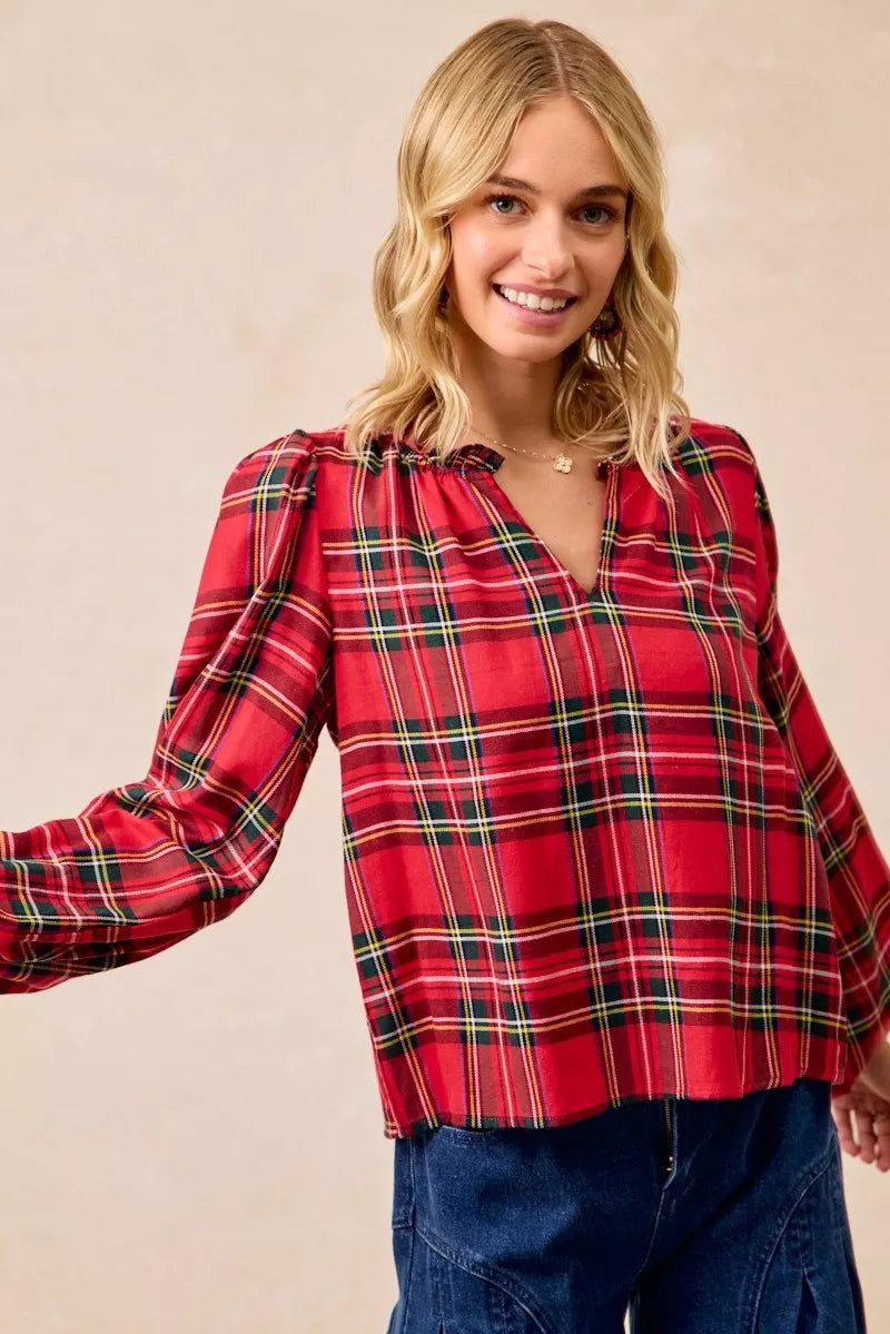 BiBi Christmas Plaid Balloon Sleeves Ruffled V-Neck Top