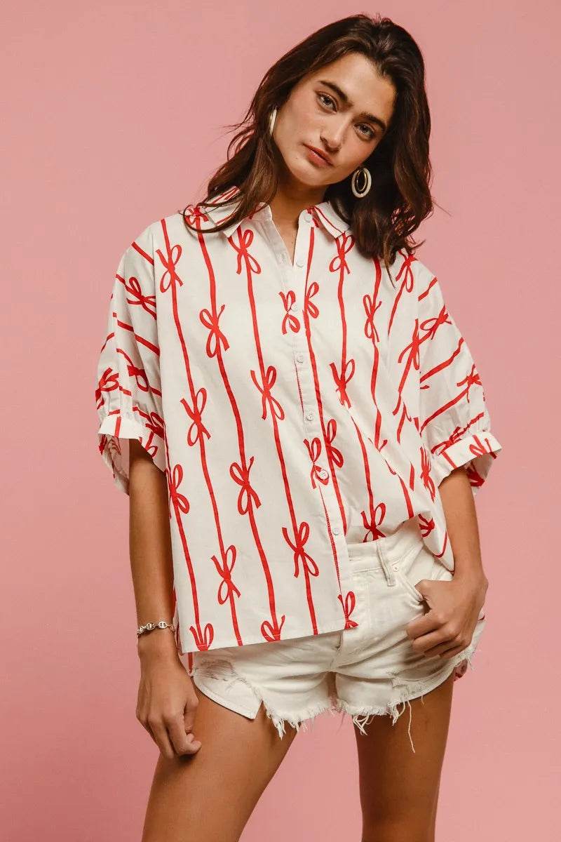 BiBi Bow Ribbon Woven Printed Button Down Shirt