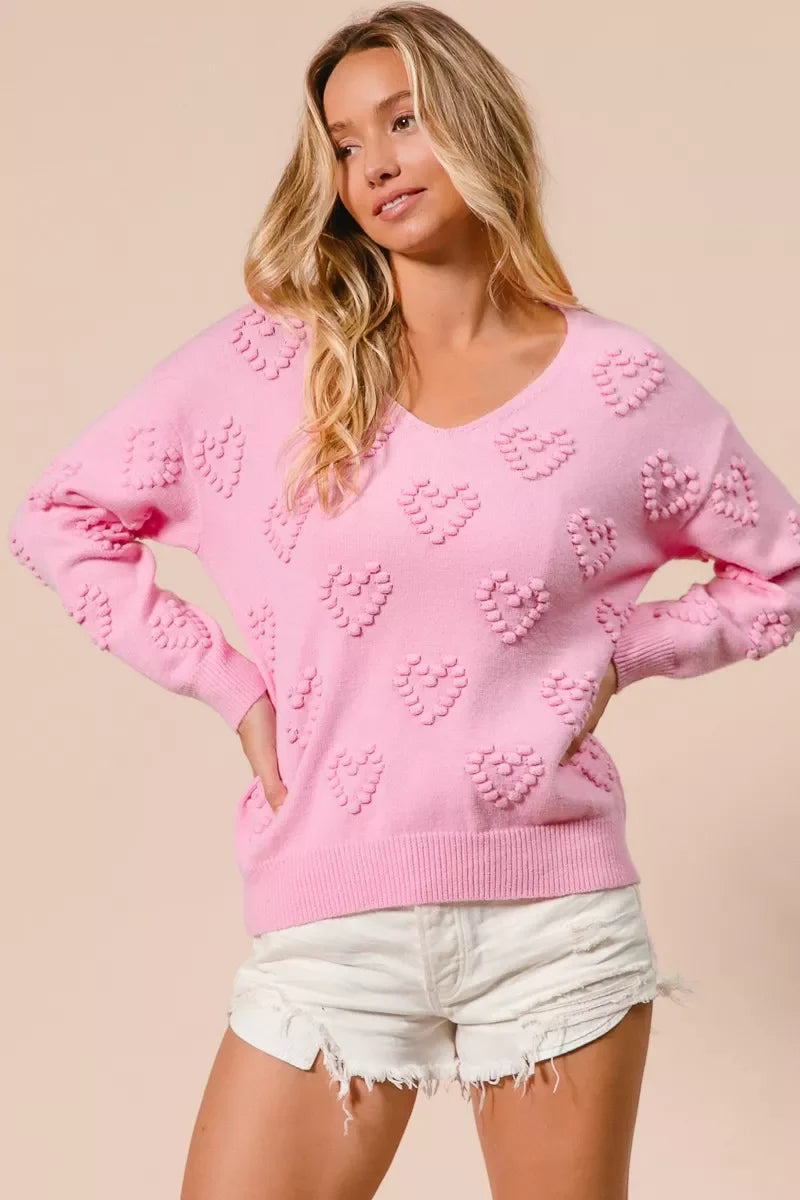 BiBi Valentines Heart Pompom V Neck Knit Top