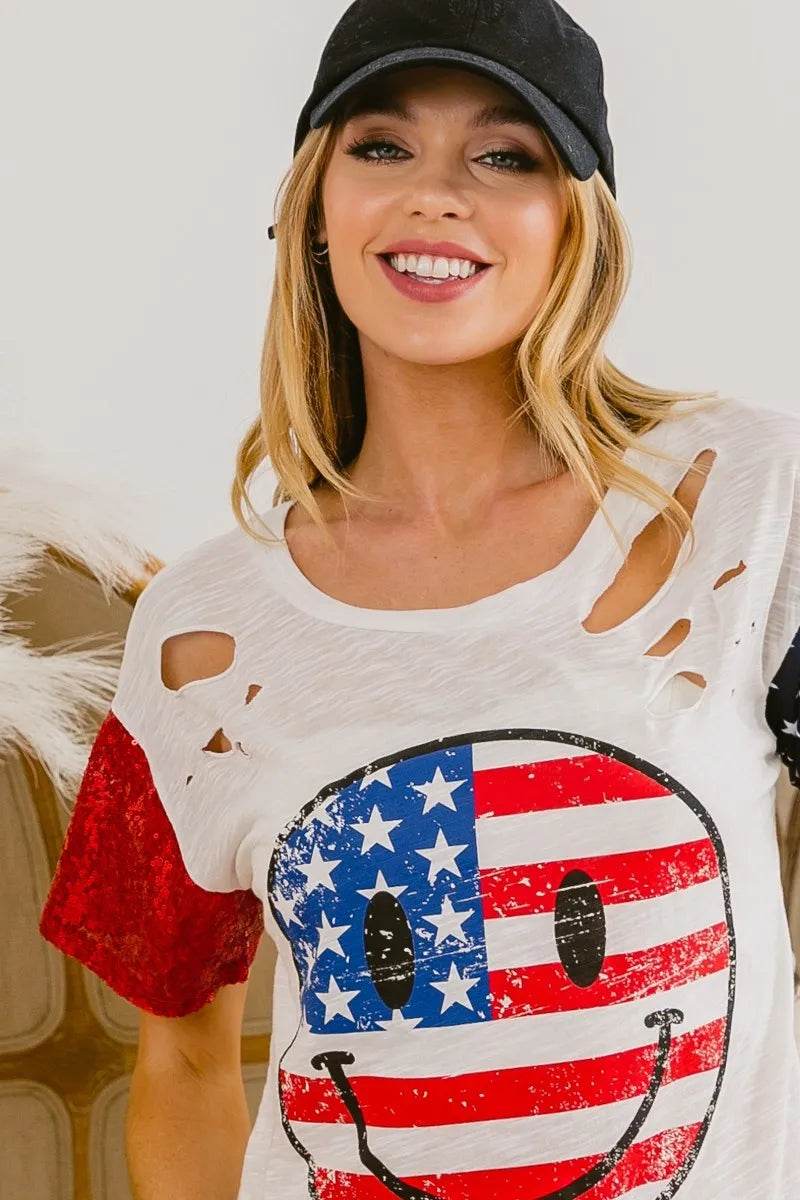 BiBi Fourth Of July Top With Laser Cut And Smile Face