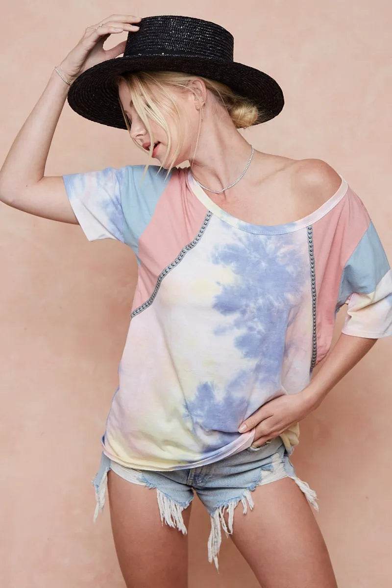 BiBi Tie Dye Printed Cotton Color Block T-Shirt