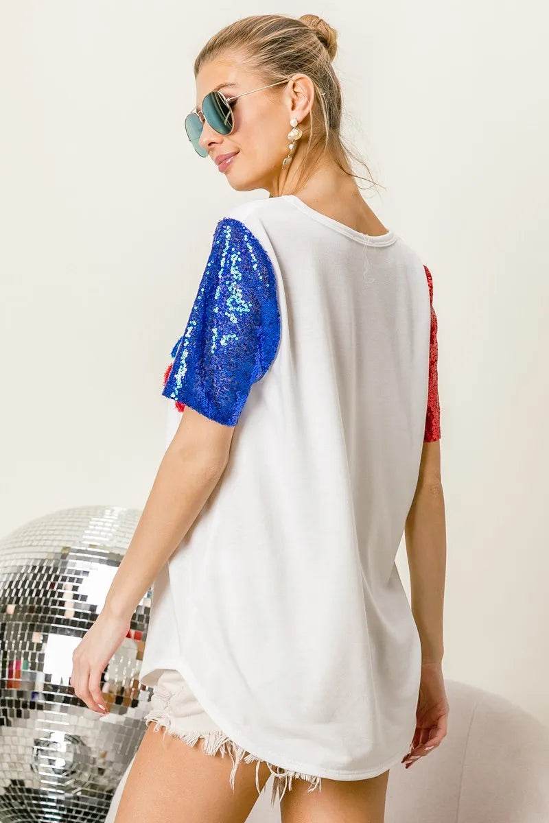 BiBi Metallic Letter V-neck Sequin Sleeves Top