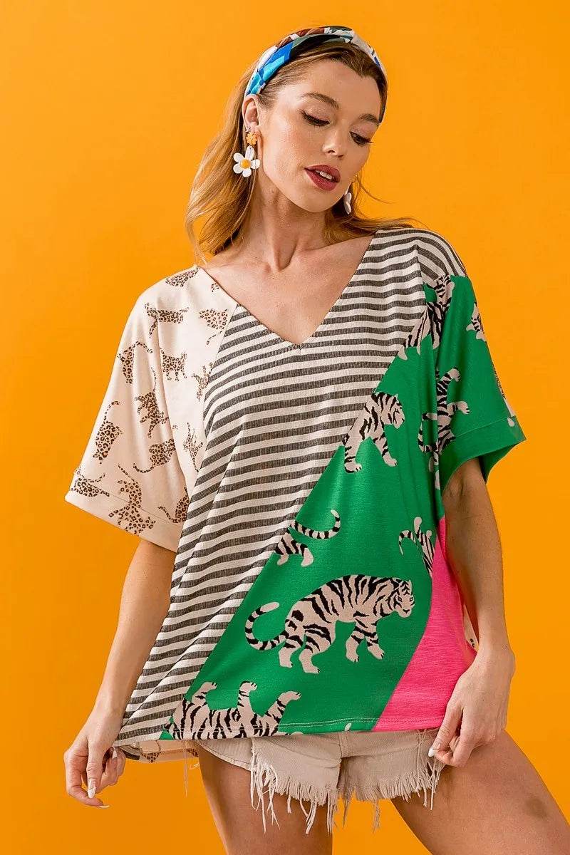 BiBi Tiger W Stripe Contrast Color Block V Neck Top