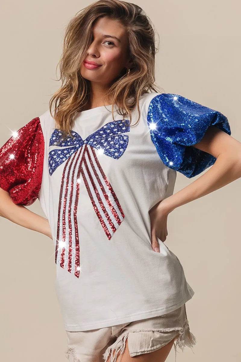 BiBi Sequin American Flag Bow Top
