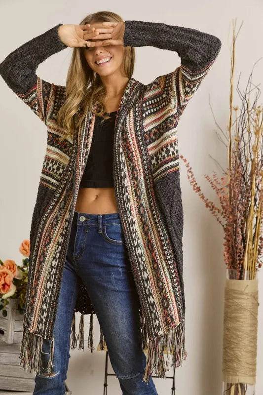 ADORA Full Size Fringe Hem Aztec Cardigan Plus Size