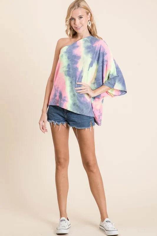 BiBi Tie Dye French Terry One Shoulder Top with Dolman