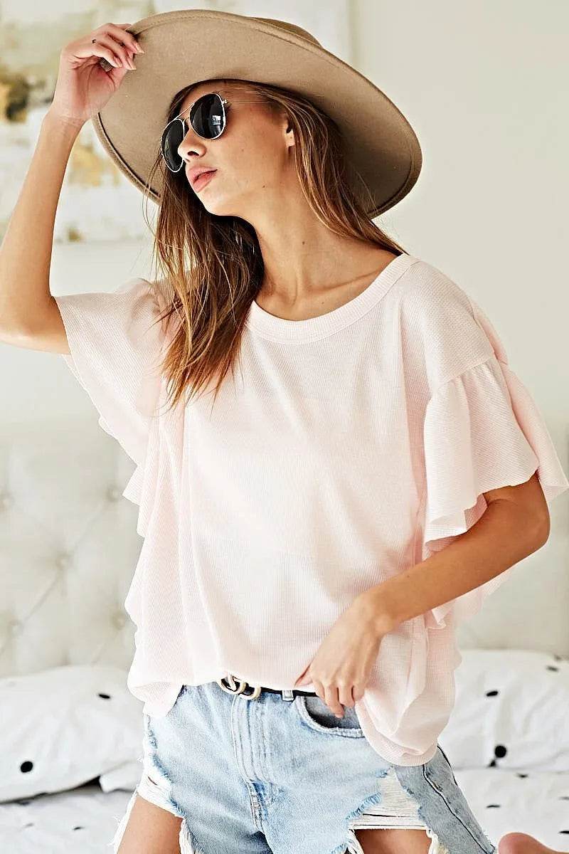 BiBi Thermal Knit with Ruffled Sleeve Top