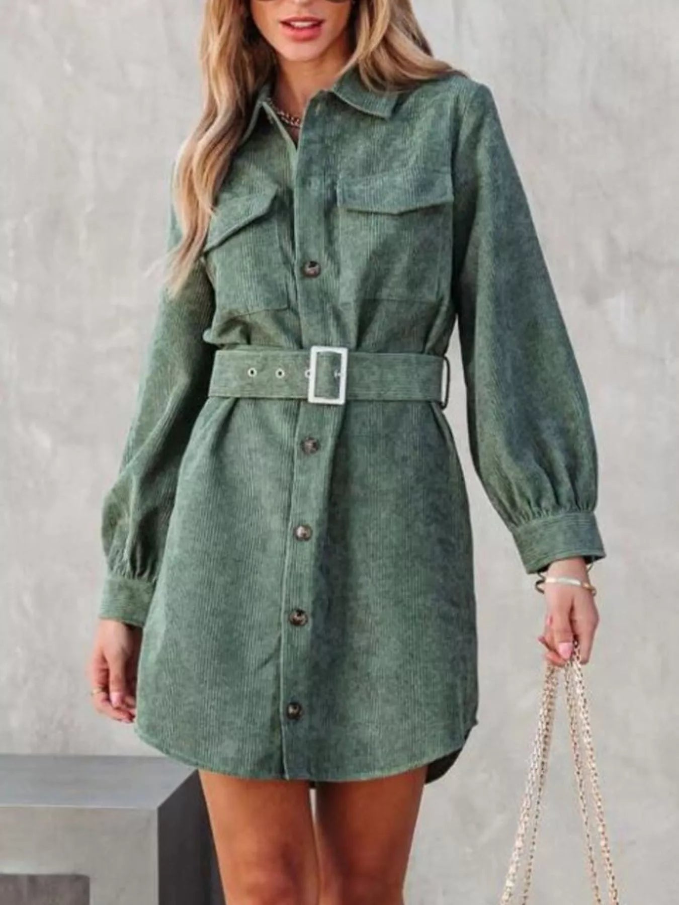 Button Front Belt Long Sleeve Corduroy Dress