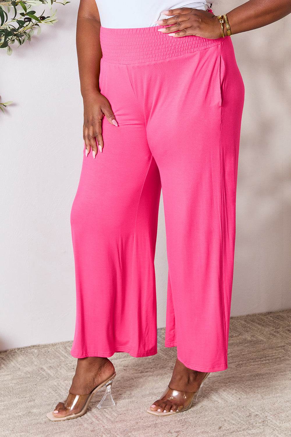 Basic Bae Full Size Smocked Wide Waistband Wide Leg Pants