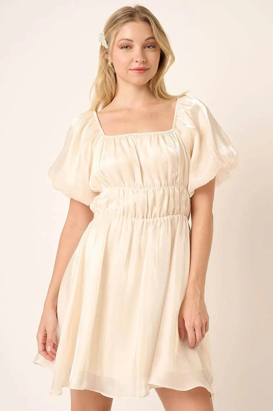 Mittoshop Metallic Organza Fabric Balloon Sleeve Mini Dress