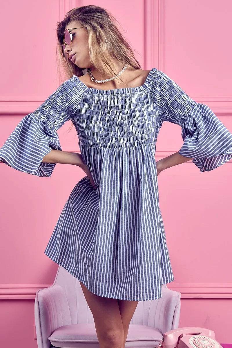 BiBi Smocked Off Shoulder Striped Dress