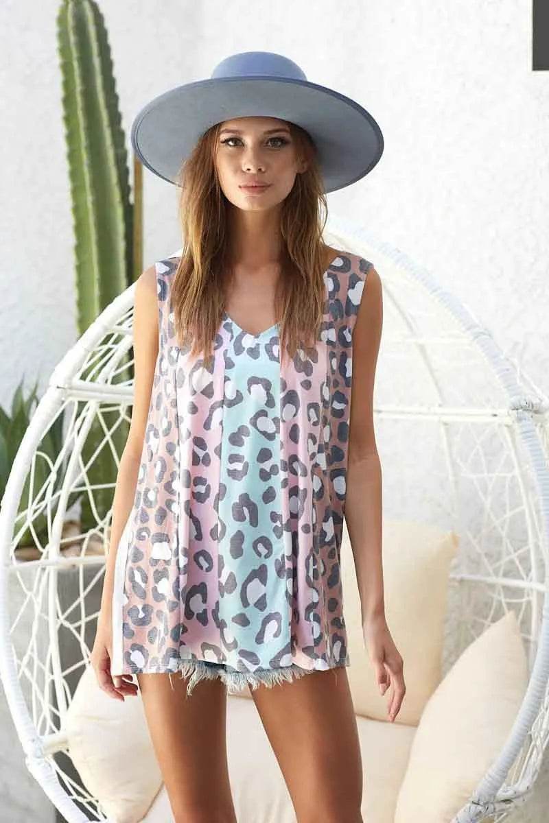 BiBi Leopard Printed Jersey Knit Color Block Sleeveless