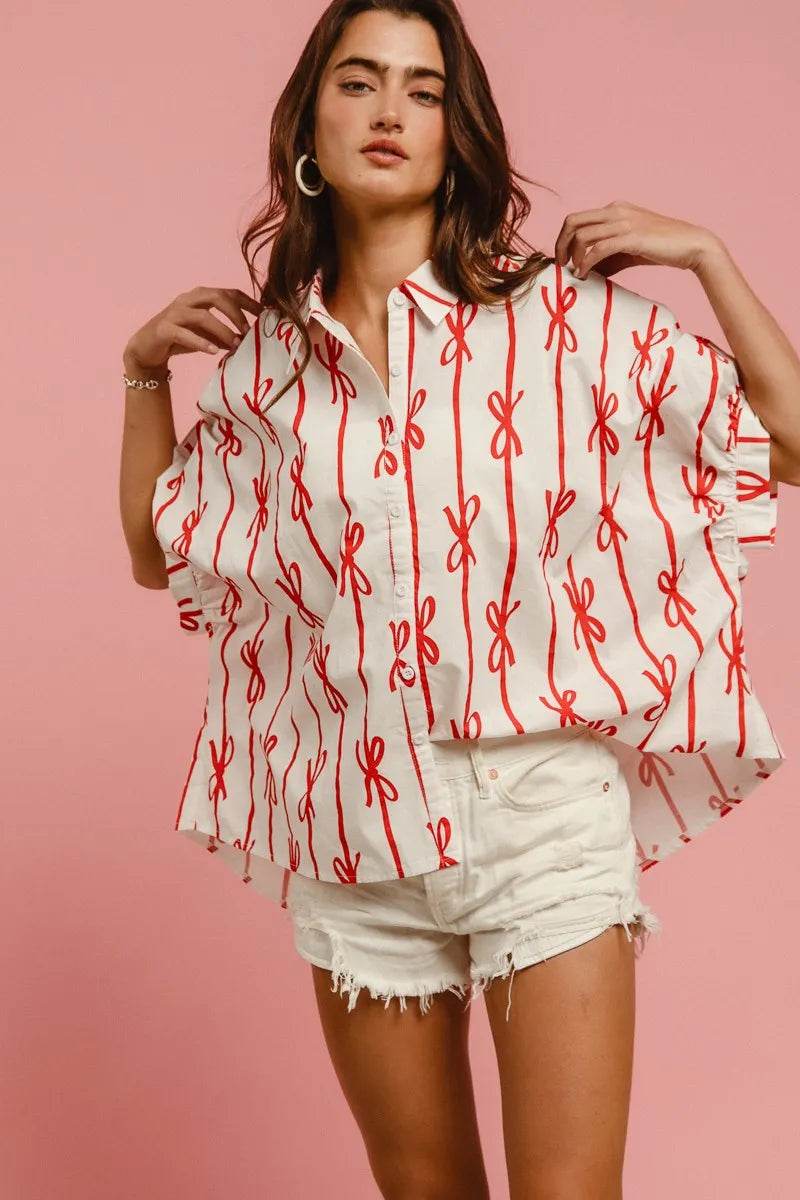 BiBi Bow Ribbon Woven Printed Button Down Shirt