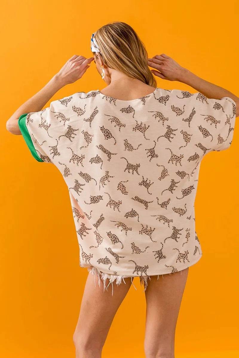 BiBi Tiger W Stripe Contrast Color Block V Neck Top