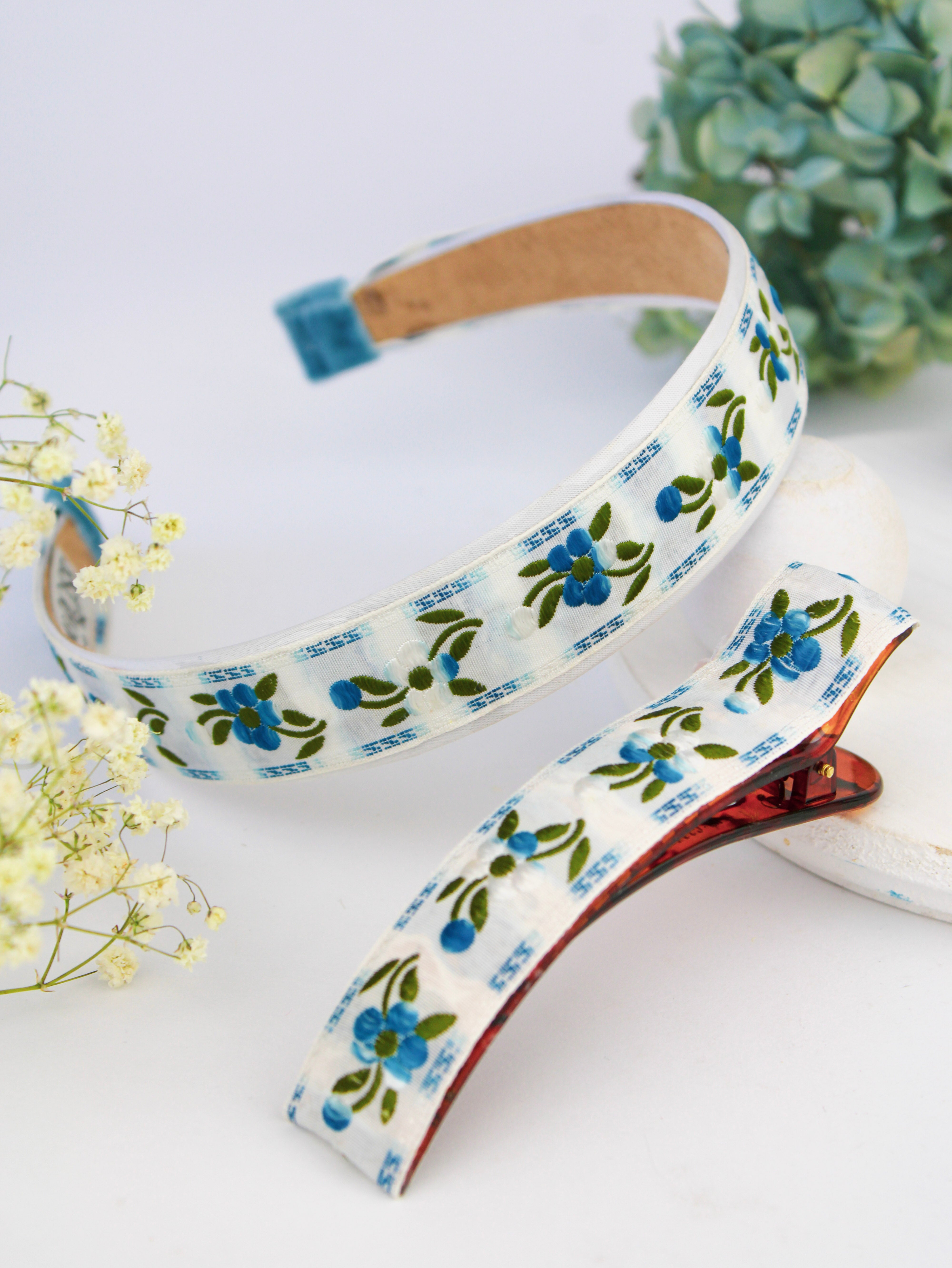 Blue Clematis Floral Ribbon Hair Clip