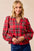 BiBi Christmas Plaid Balloon Sleeves Ruffled V-Neck Top