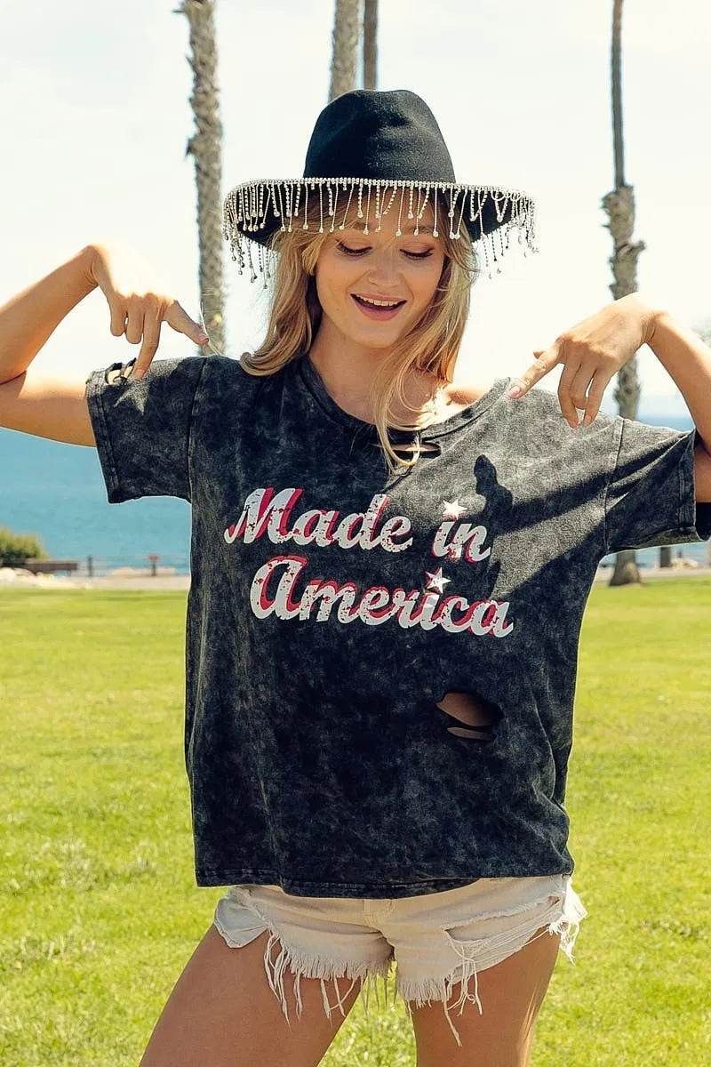 BiBi Laser Cut Mineral Washed America Print Top