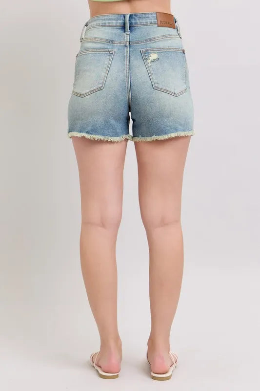 Judy Blue High Rise Washed Fly Stitch Detail and Destroy Denim Shorts