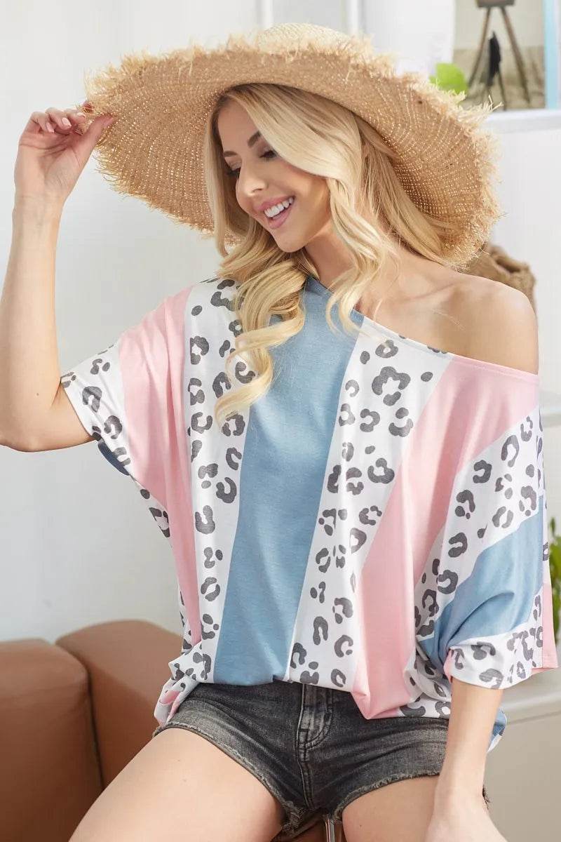 BiBi Leopard Stripe Printed French Terry Oversized Top