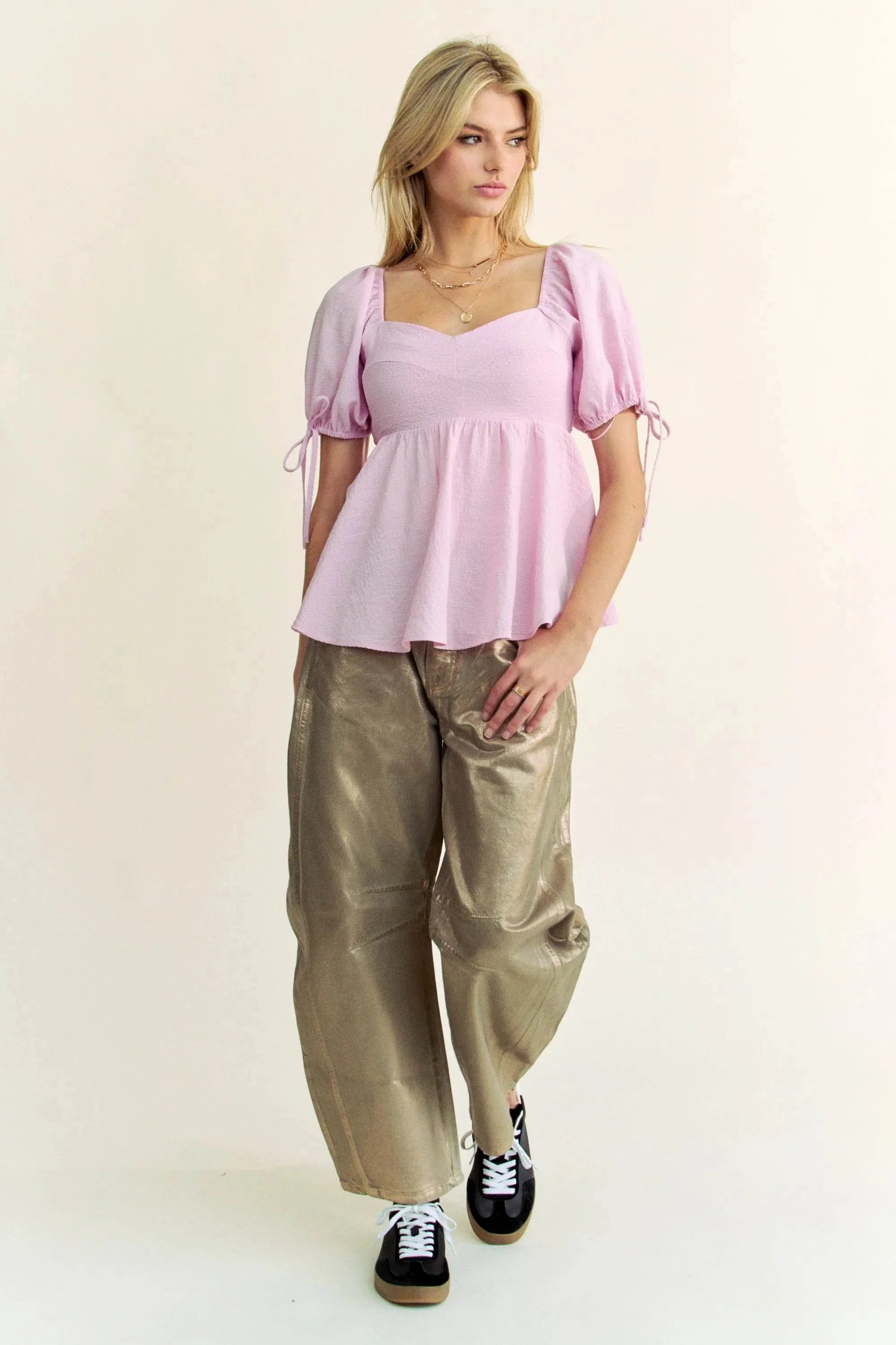 Davi & Dani Solid Elastic Peplum Puffed Sleeves Blouse