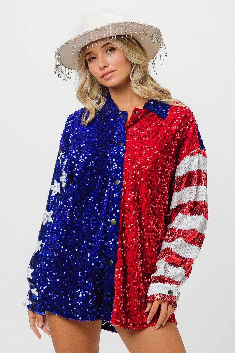 BiBi American Flag Sequin Snap Down Shirt