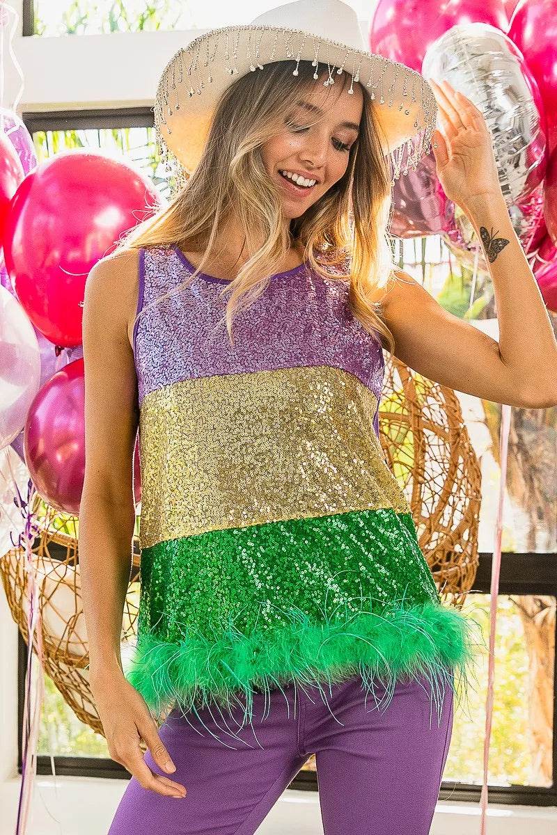 BiBi Mardi Gras Color Block Faux Feather Hem Sequin Top