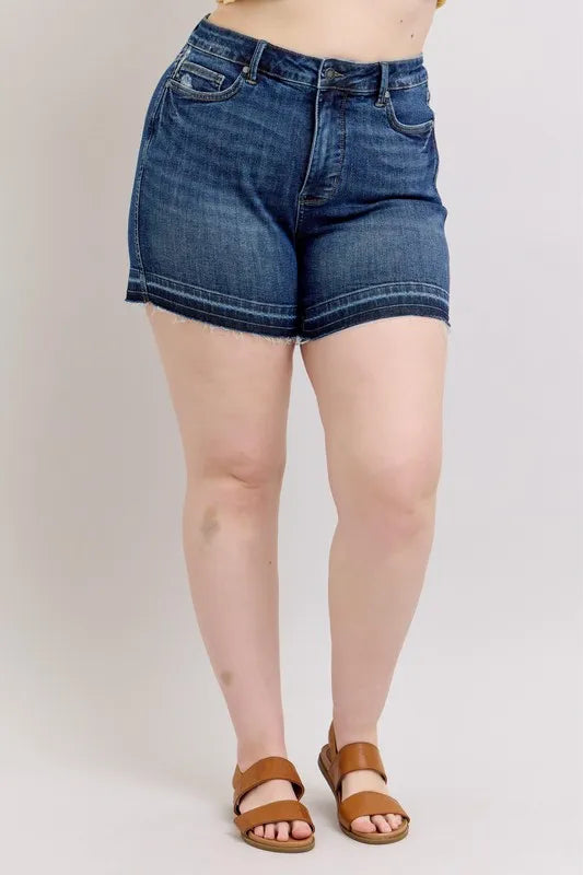 Judy Blue Full Size High Waist Tummy Control Destroy Release Hem Denim Shorts Plus Size