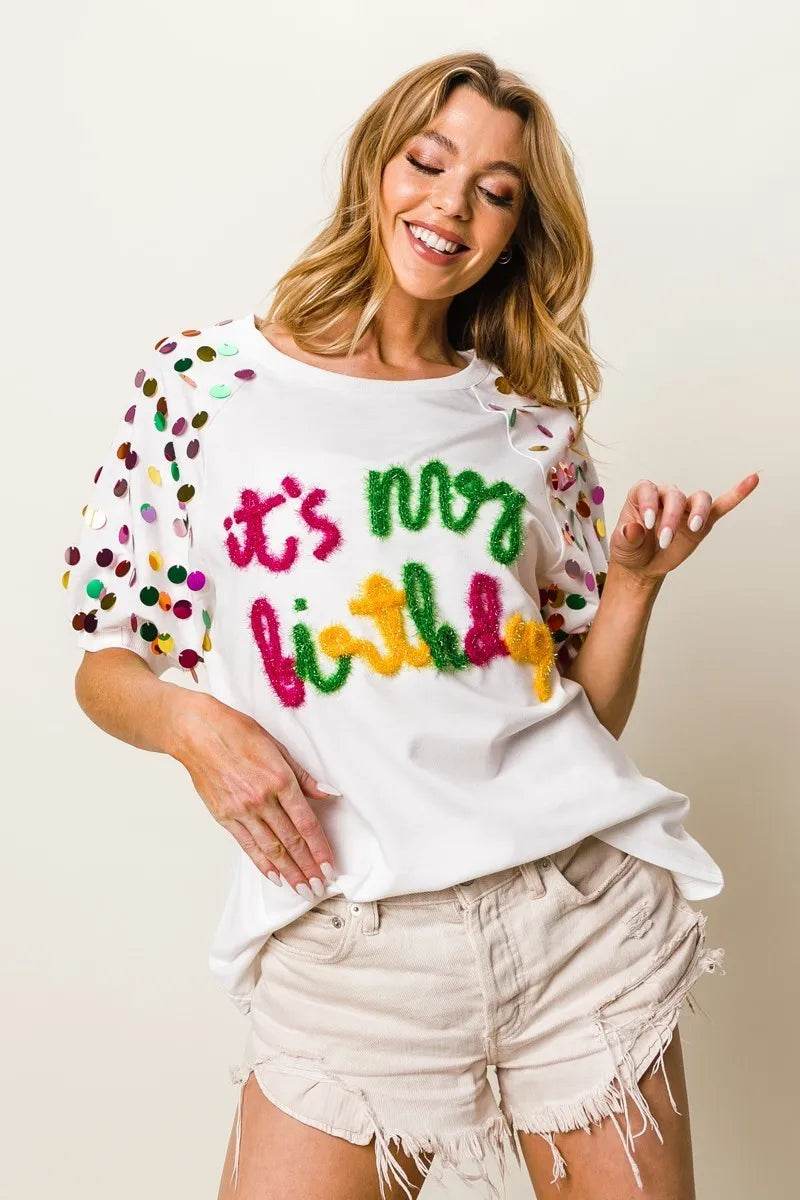 BiBi Metallic Letter Spangle Raglan Puff Sleeve Top