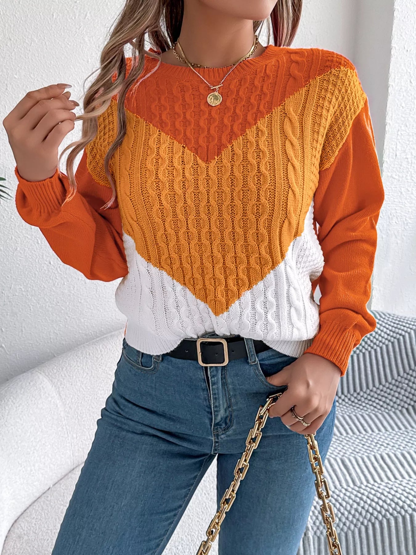 Color Block Cable Knit Sweater