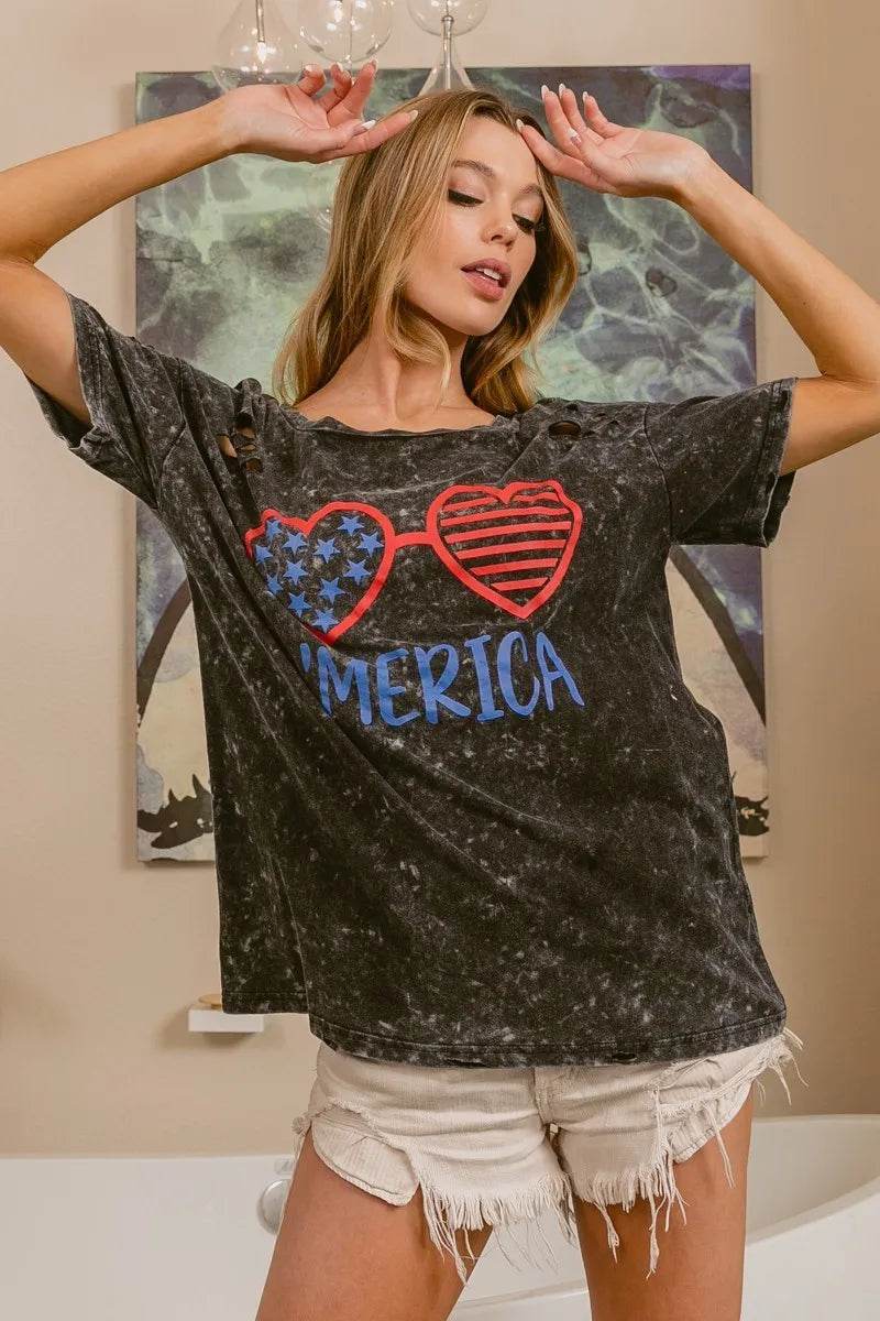 BiBi 4th Of July Theme Mineral Washed Laser Cut Top