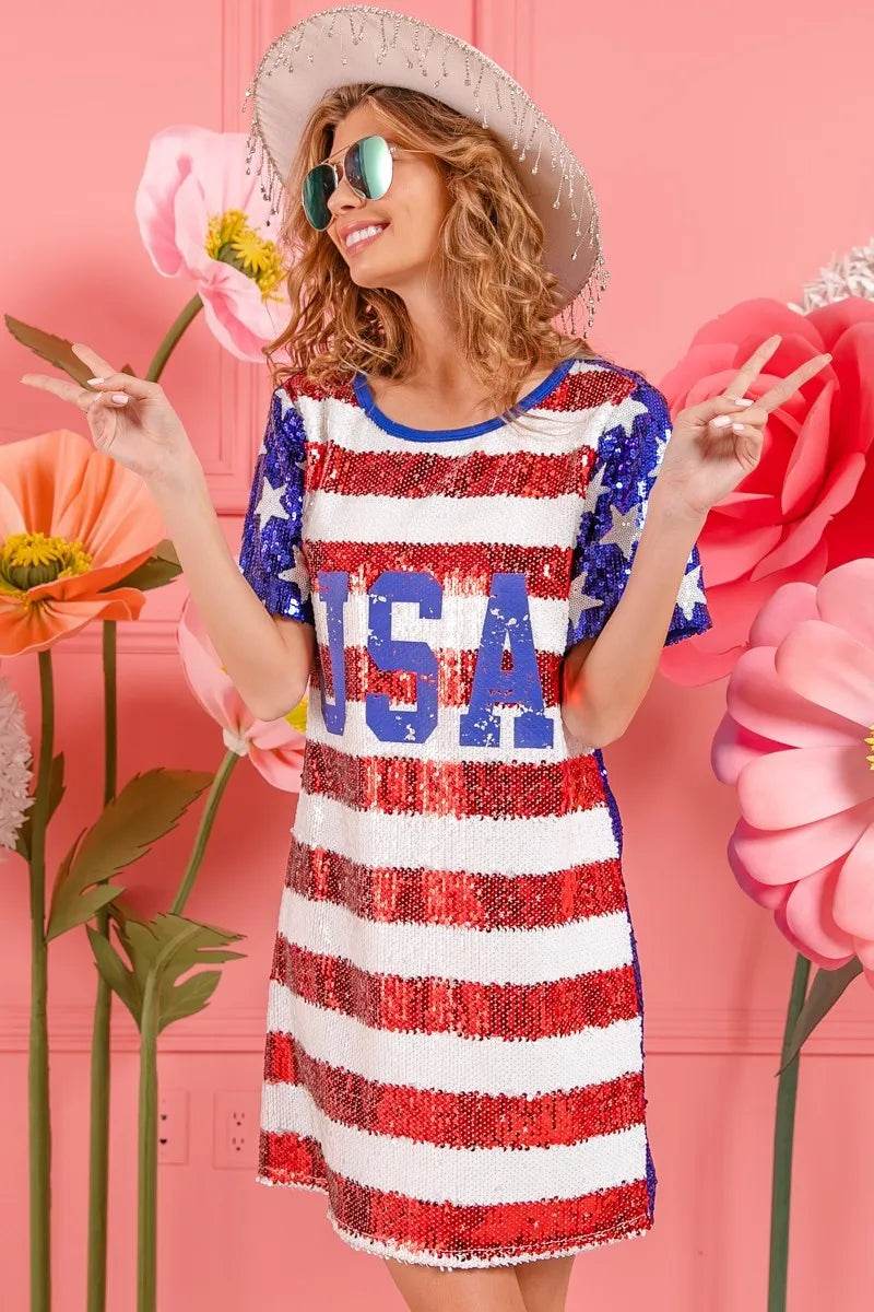 BiBi American Flag Theme Usa Print Sequin Dress