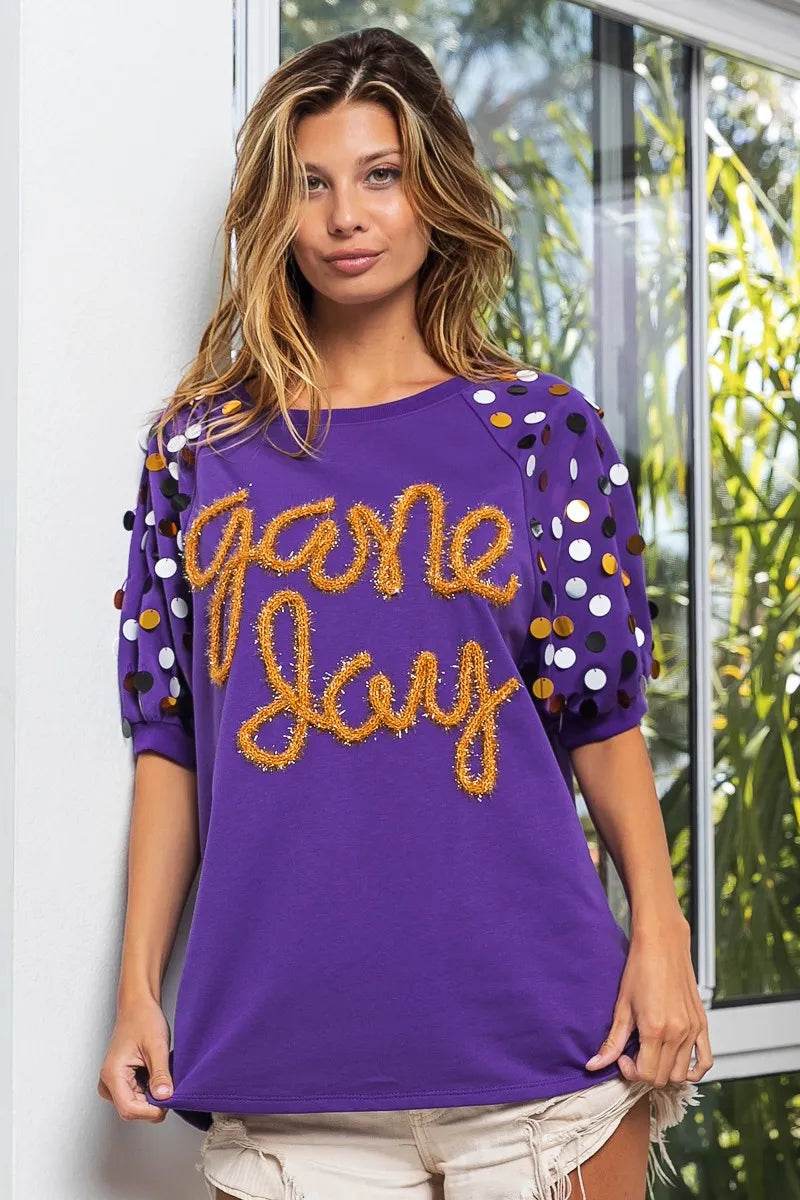 BiBi Game Day Metallic Letter Spangle Sleeve Top