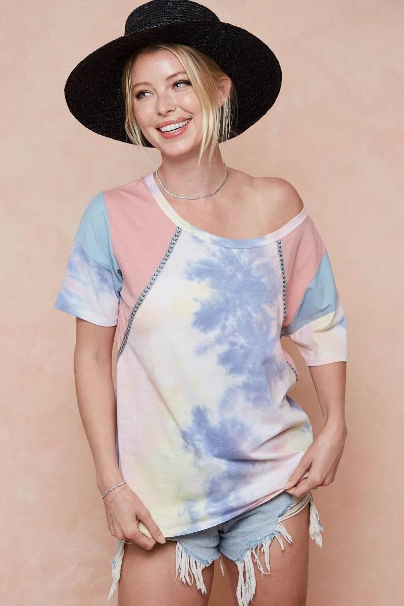 BiBi Tie Dye Printed Cotton Color Block T-Shirt