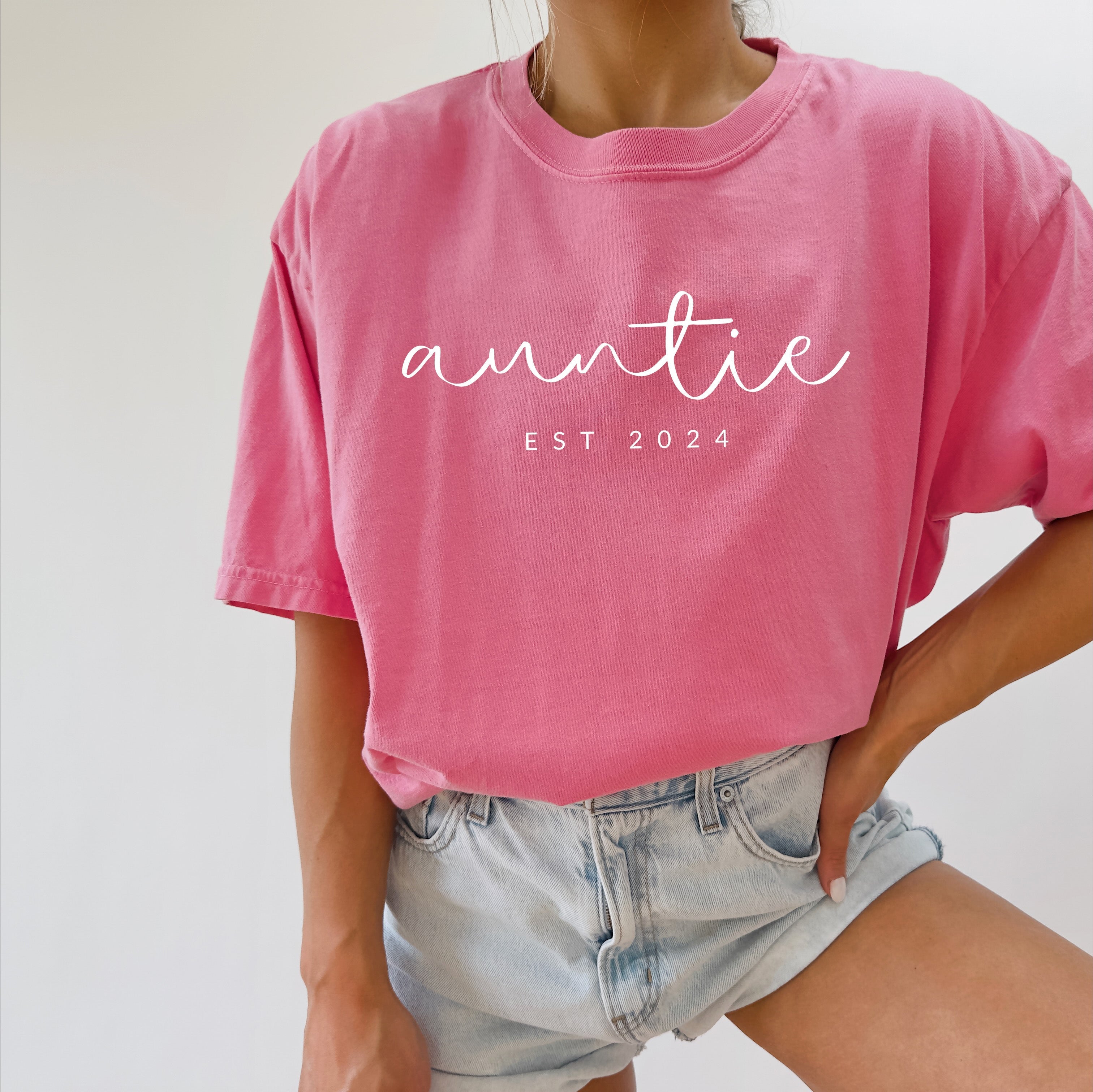Auntie Personalized Est Year Comfort Colors Graphic Tees (Cursive)