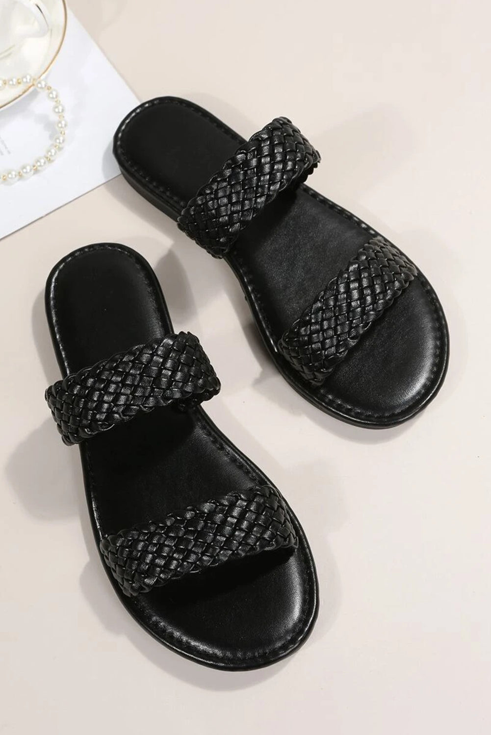 Braided Double Band Leathered Flat Slippers