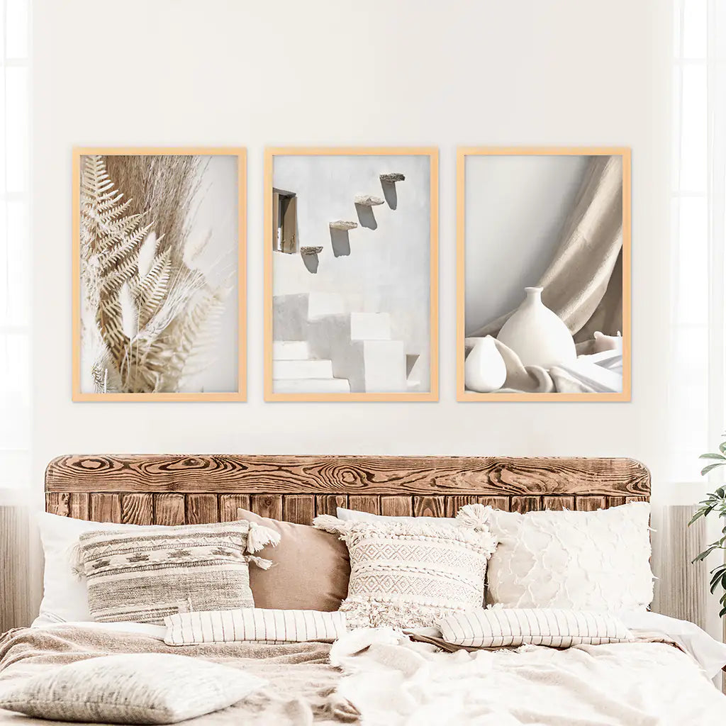 3 Pieces Neutral Boho Wall Art. Terracotta Vase and Stairs