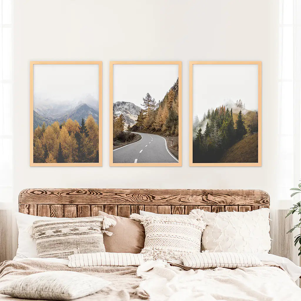 Brown Autumn Mountain Forest Scenery. Set of 3 Prints