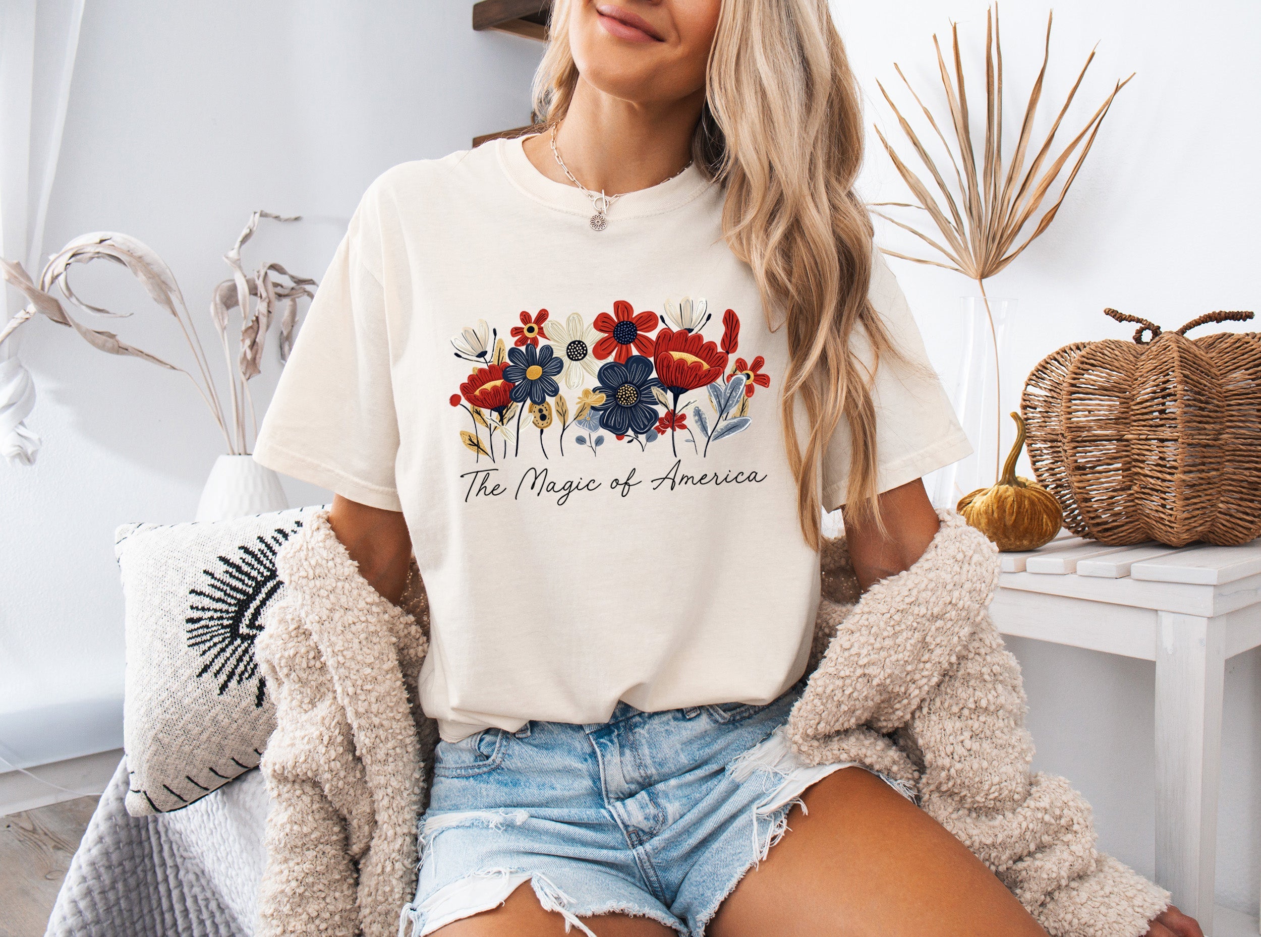 America the Magic of America USA Flag flower Garment Dyed T Shirt