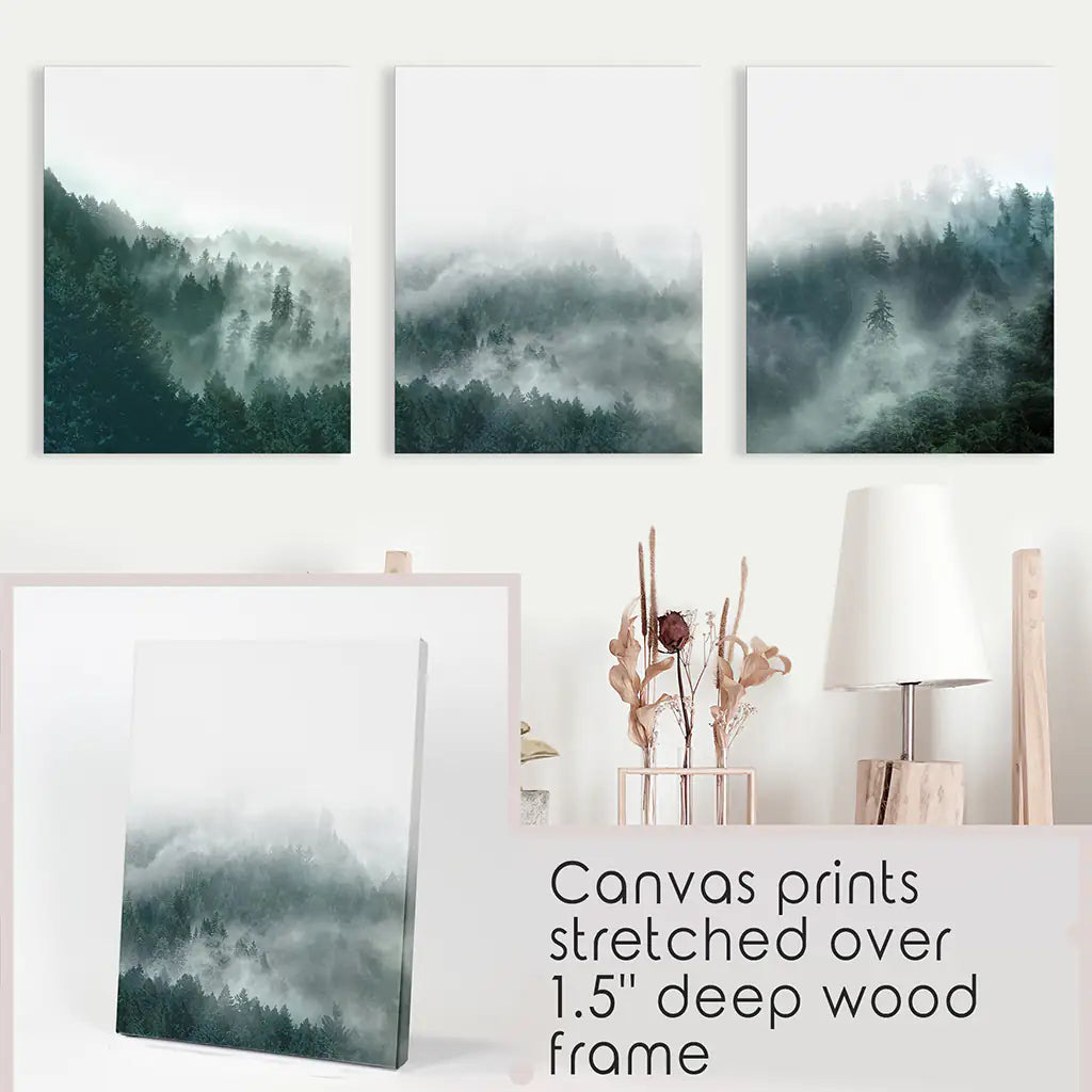 Large Foggy Forest Wall Art Set. Scandinavian Decor