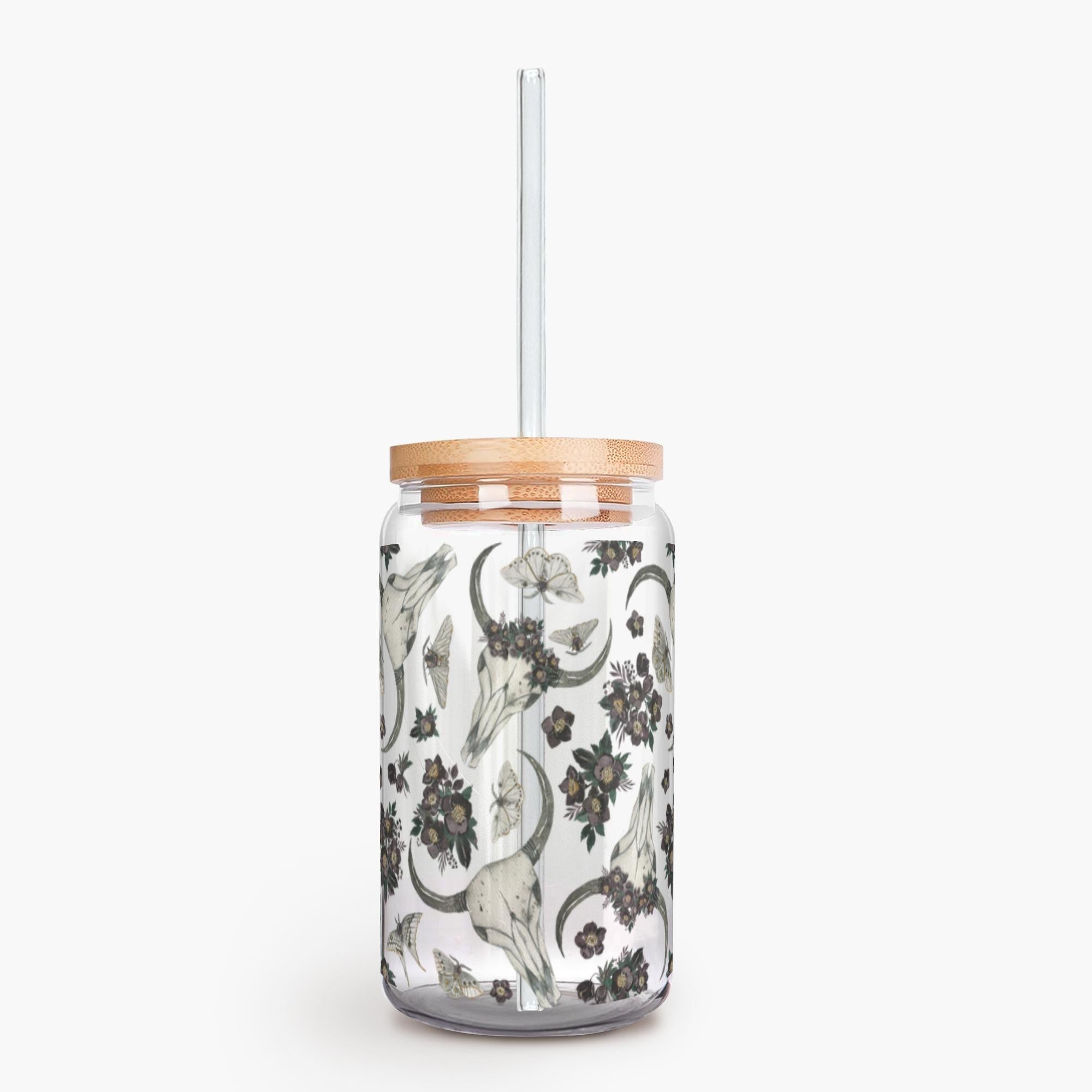 Boho Skull Moths Clear Glass With Lid and Straw