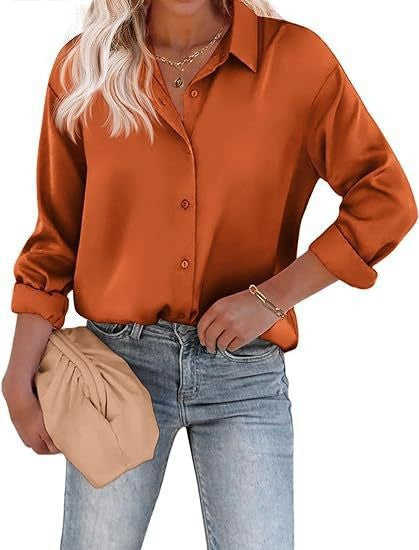 Women's Satin Top Long Sleeve Button Shirt Autumn
