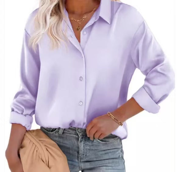 Women's Satin Top Long Sleeve Button Shirt Autumn