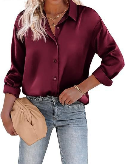 Women's Satin Top Long Sleeve Button Shirt Autumn