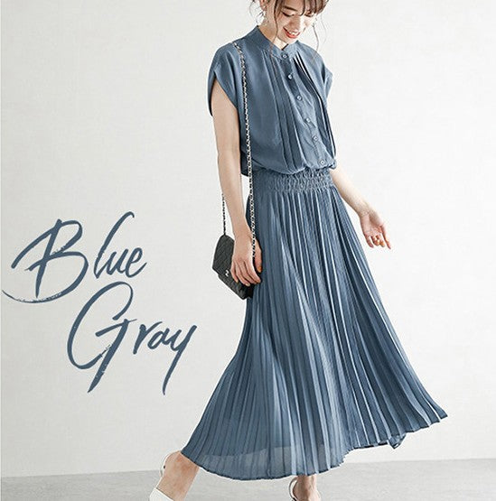New Elegant Japanese Style Dress Comfortable Waist Trimming Short-sleeved Chiffon Dress Women