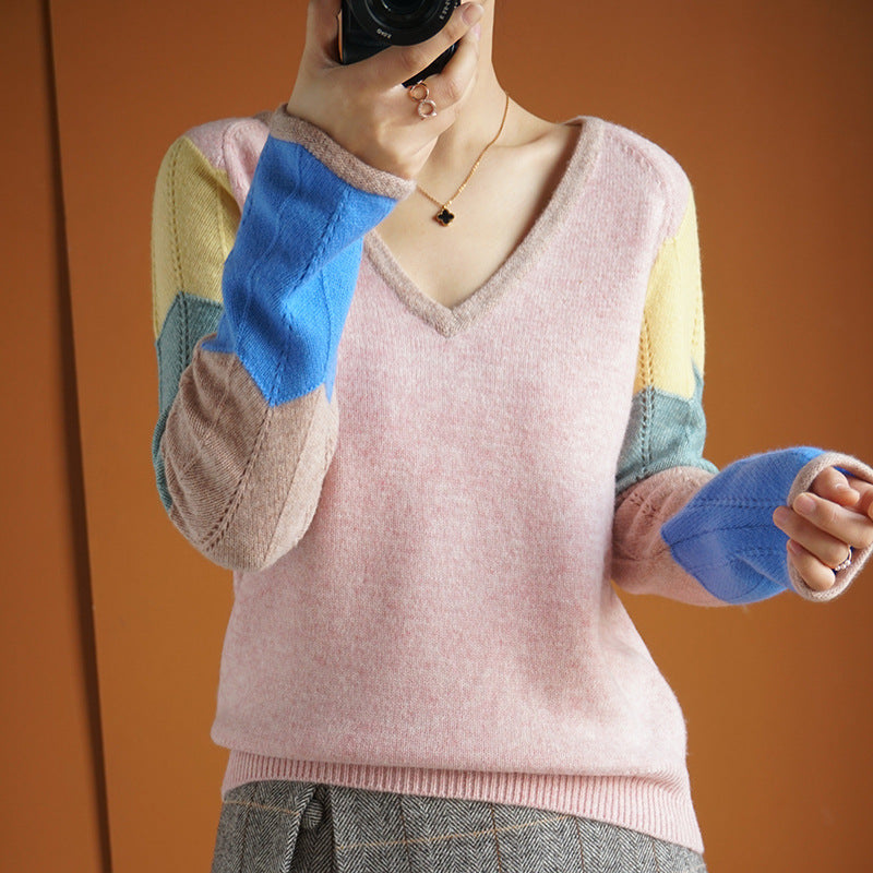 Contrast Color Woolen Sweater Women V-neck Pullover Patchwork Color Thermal Knitting Sweater Women