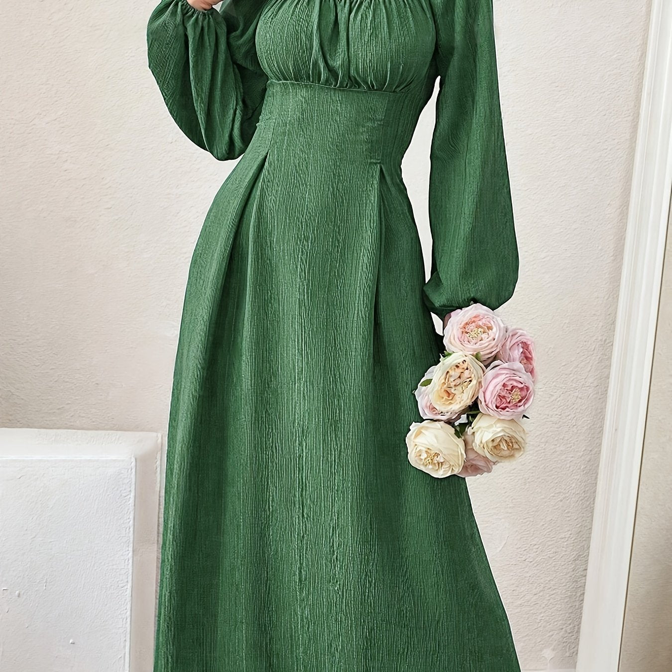 Stunning Textured Cross Tie Lantern Sleeve Midi Dress