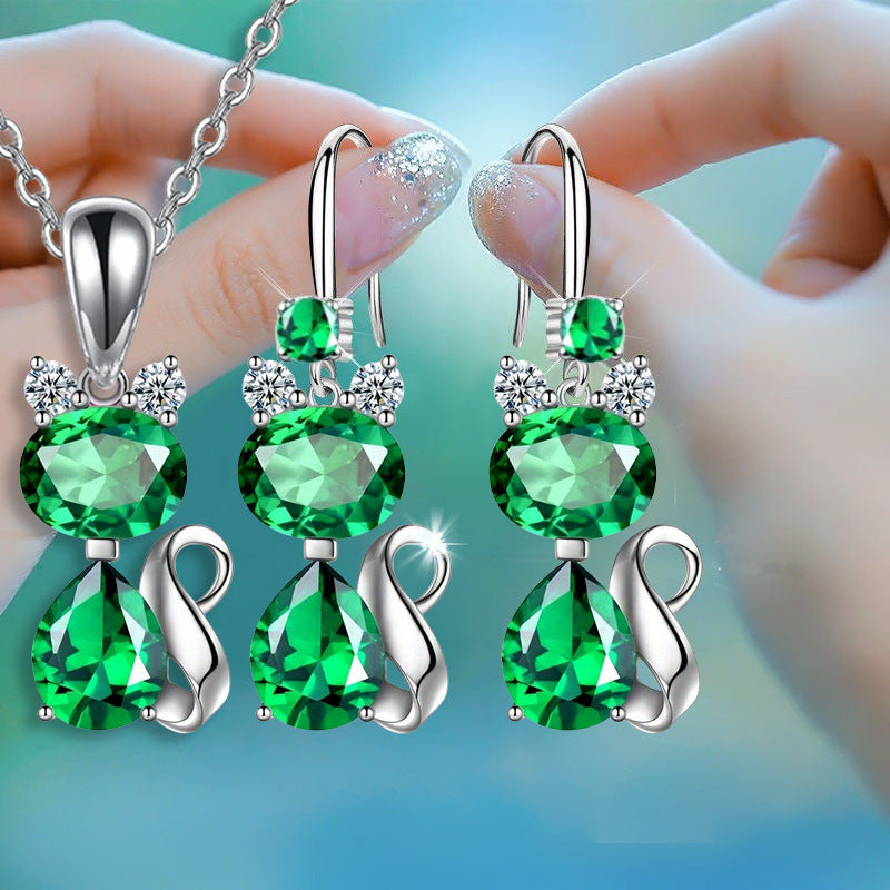 Shiny Exquisite Luxury Cat Pendant Necklace Earrings