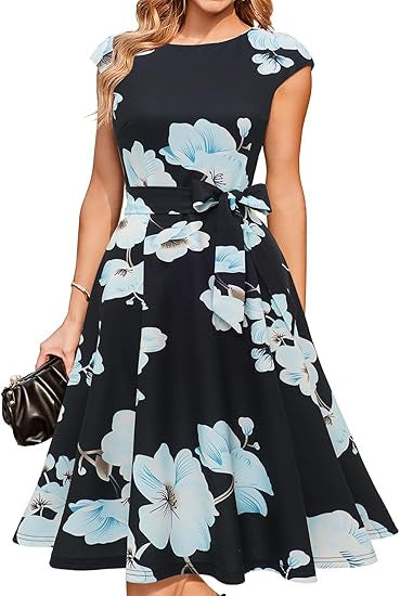 Summer Round Neck Sleeve Waist Belt Slim Print Sleeveless Swing Dress
