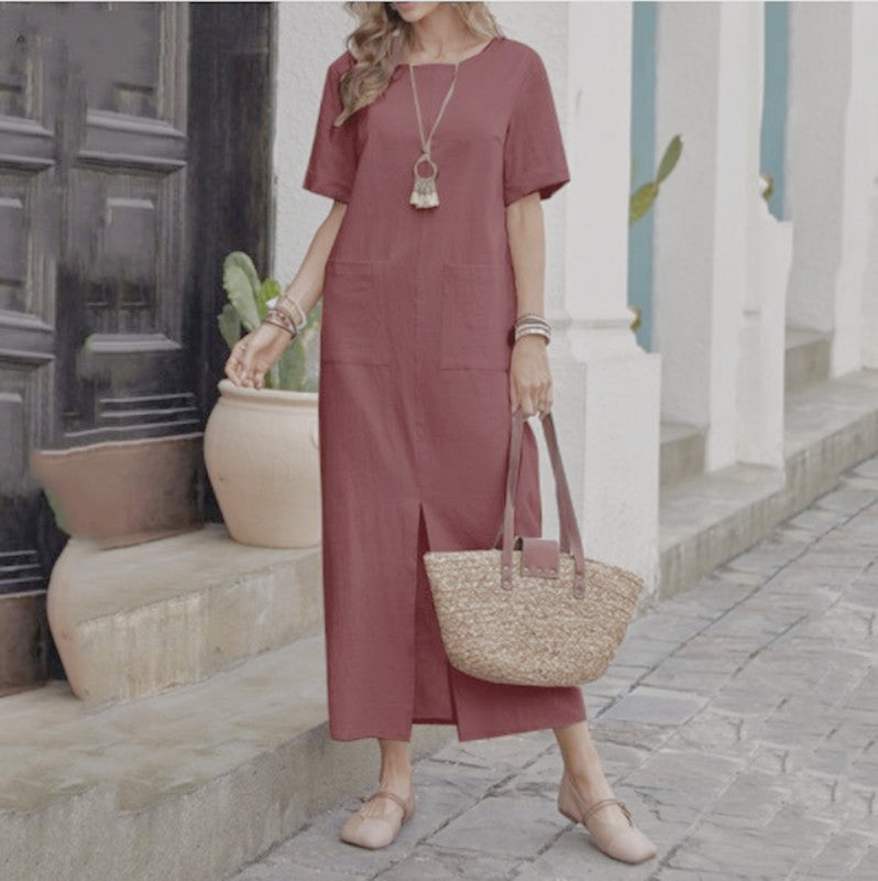 Cotton And Linen Solid Color Loose Round Neck Short Sleeve Dress Women