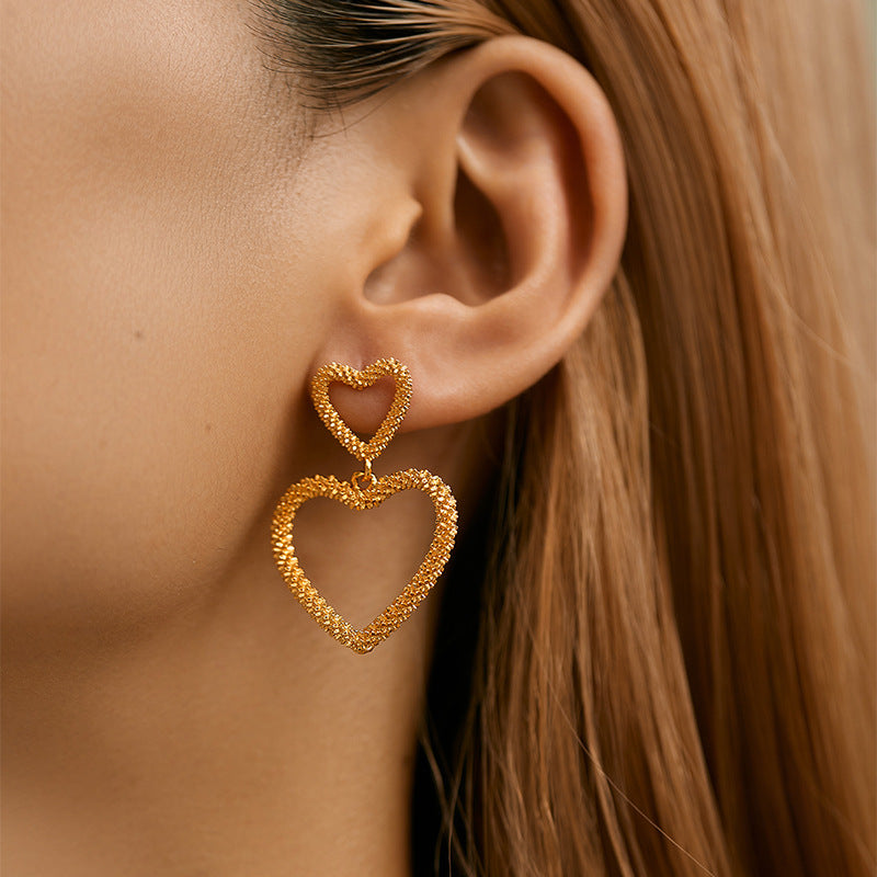 Color Retention Copper Plating 18K Real Gold Overlapping Design Double Layers Loving Heart Earrings